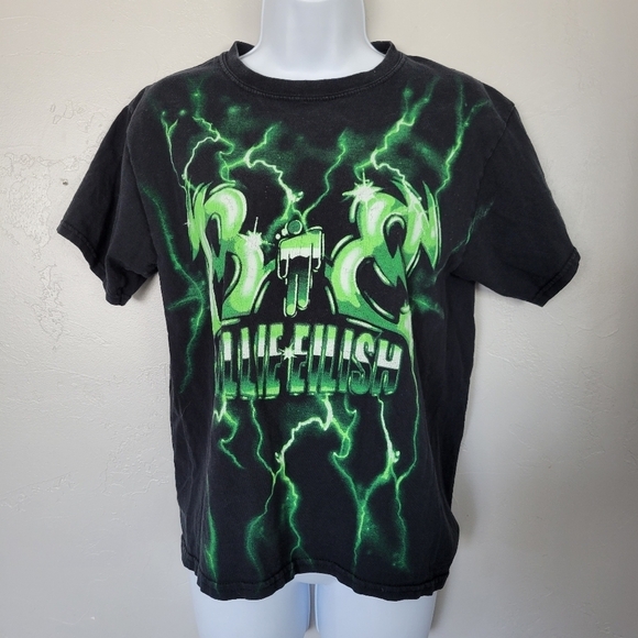 Billie Eilish XS Black Short Sleeve T-shirt Green Lightning Graphic Tee - Picture 1 of 6